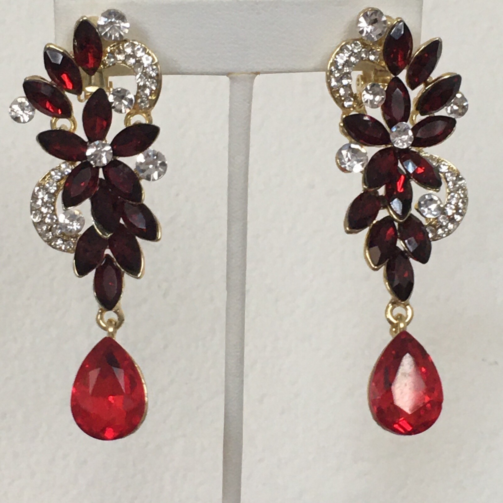 Red Rhinestone Statement Clip-On Earrings
