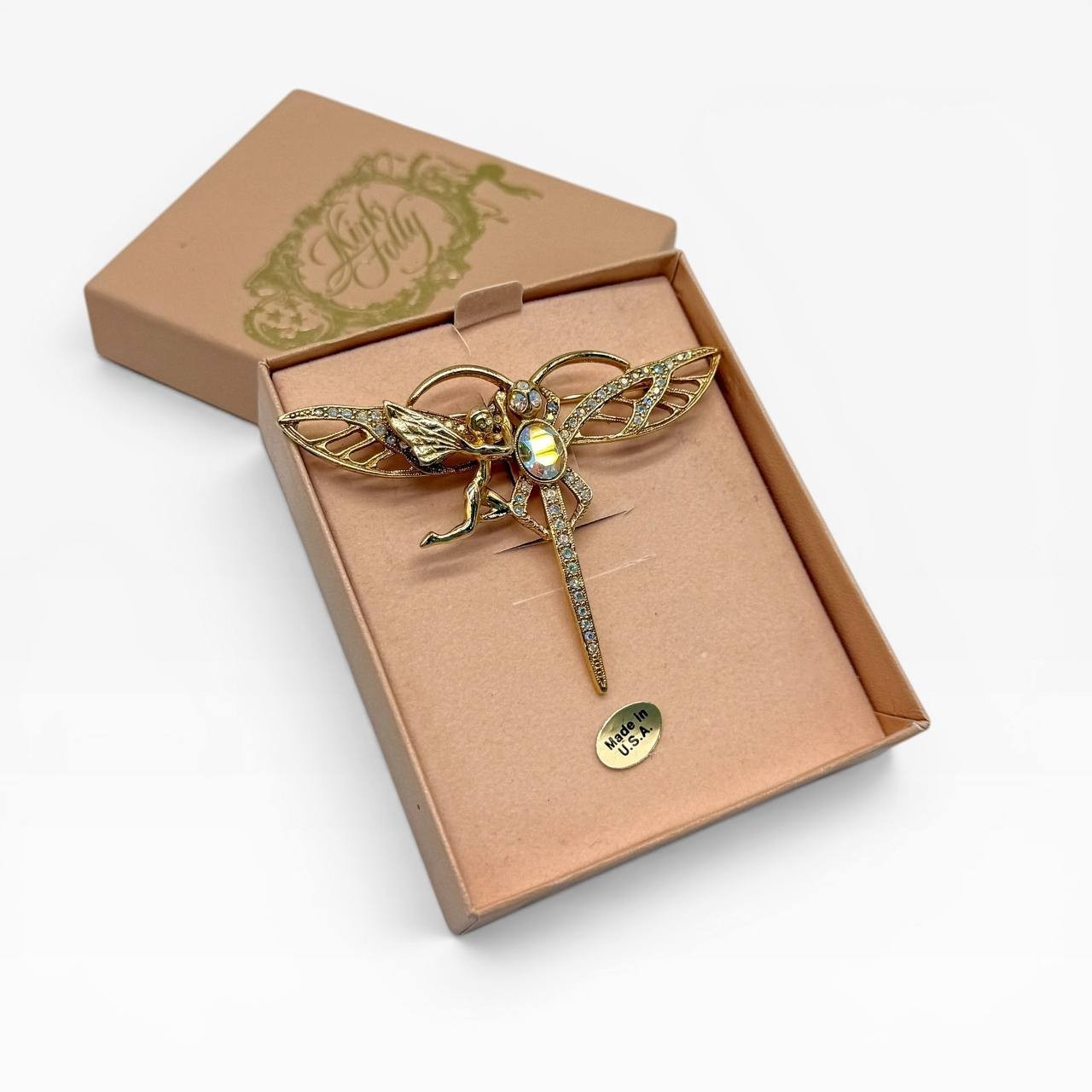 Vintage Kirks Folly Angel Dragonfly Crystal Brooch w/ Box