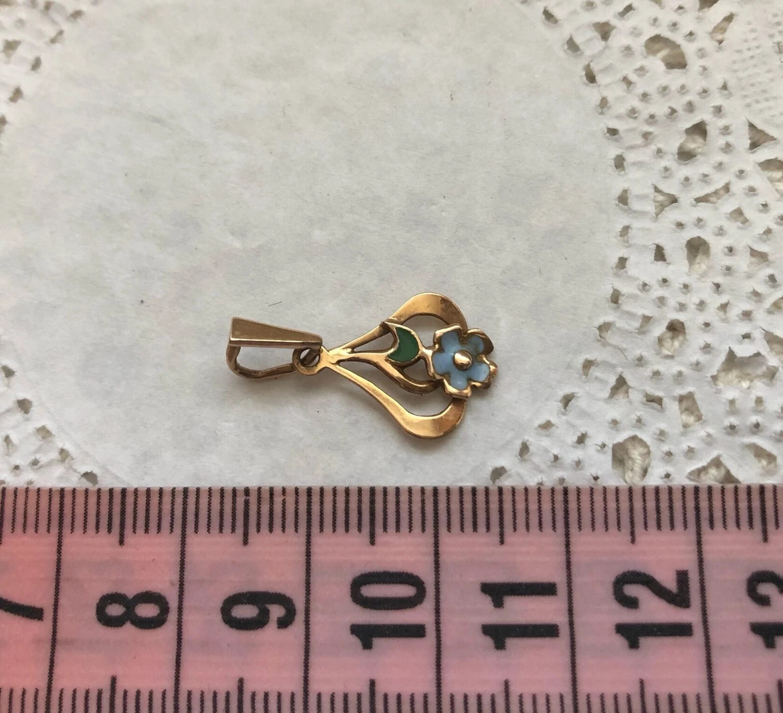 Lovely Vintage Eastern European Rose Gold 583 14K Pendant Enamel Women Jewelry