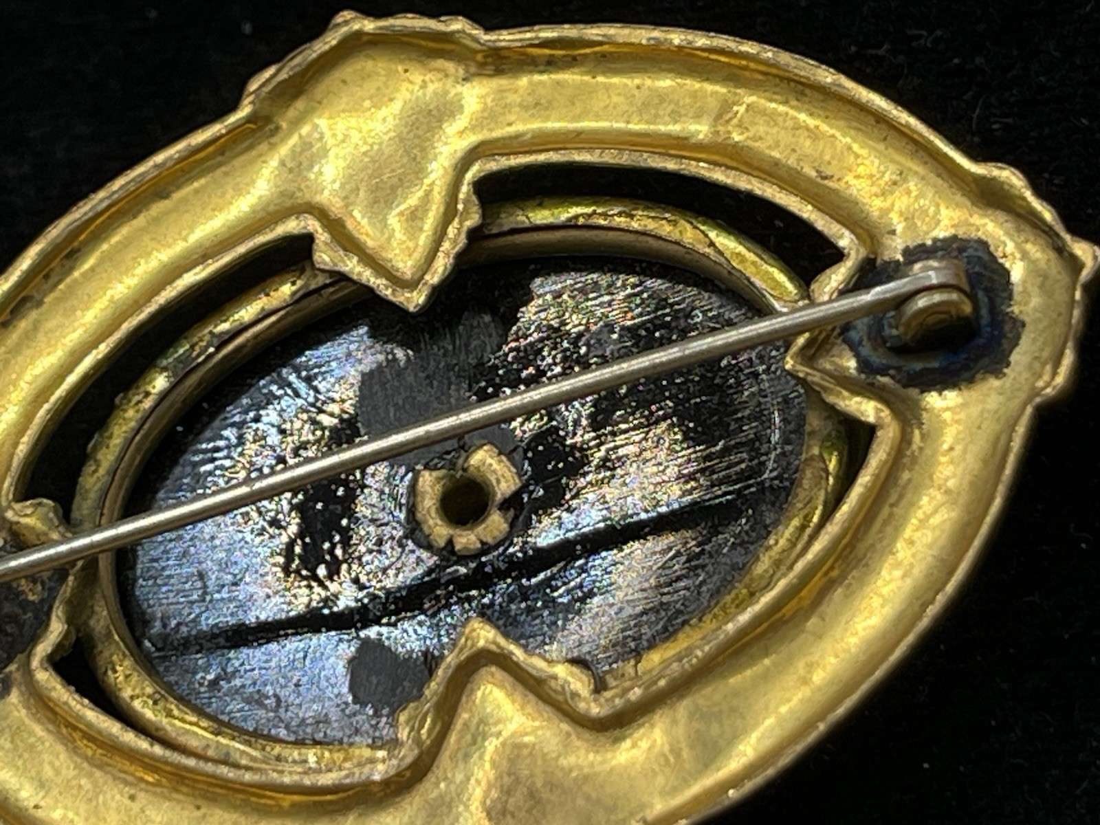 Victorian/Mourning Style VTG. Repousse Brass Black Glass Brooch Faux Pearl 2 1/8