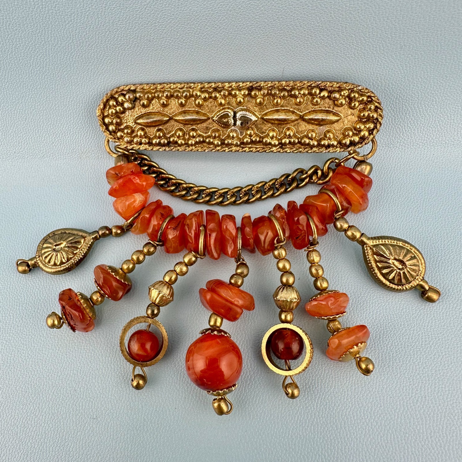 Vintage Bar Brooch Gold Tone Dangle Chains Carnelian Stone Beads Boho India