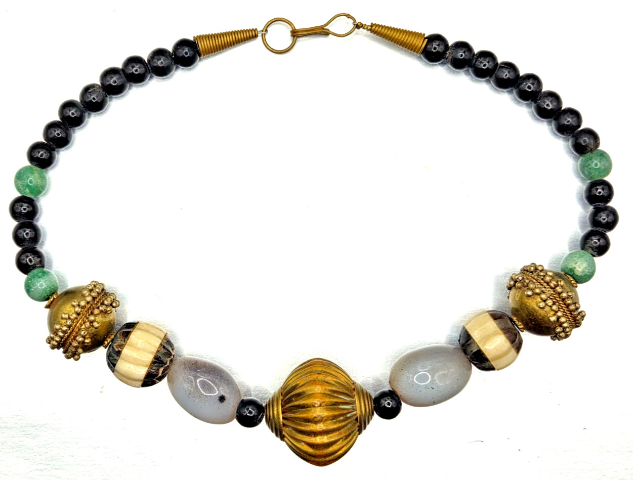 Vintage African Multi Gemstone Brass Beaded Collar Necklace 16″