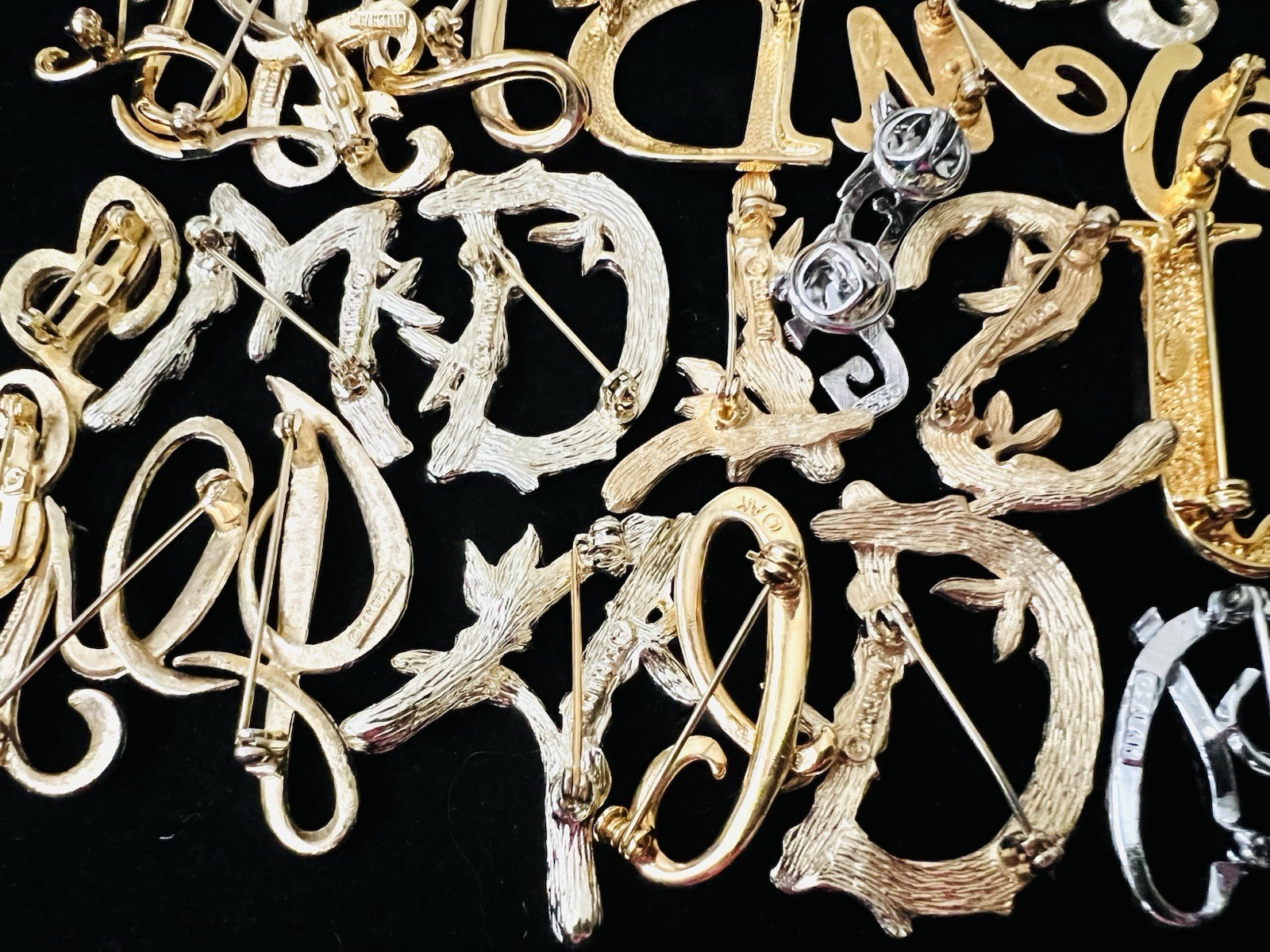 100 Vintage INITIAL Letter Brooch Pins Lot 35 Signed Trifari Sarah Anne Klein