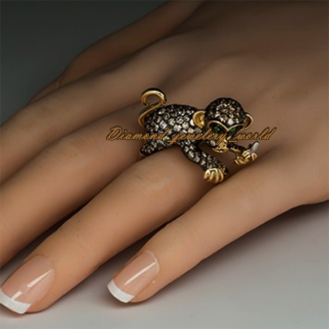 Stunning 5.29ctw Rose Cut Diamond Emerald Silver Victorian Monkey Ring Jewelry