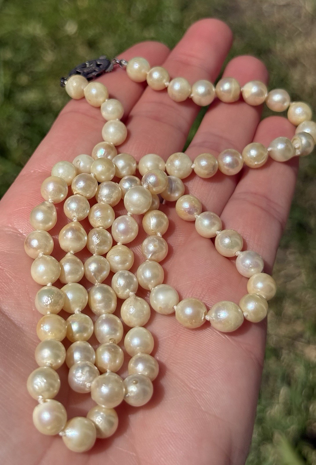 Vtg Art Deco Sterling Silver Pearl Clasp Baroque Akoya Hand Knotted Necklace 25”