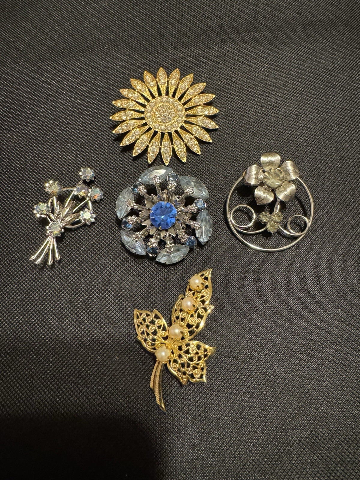 Lot Of Five (5) Rhinestone or Faux Pearl Brooches
