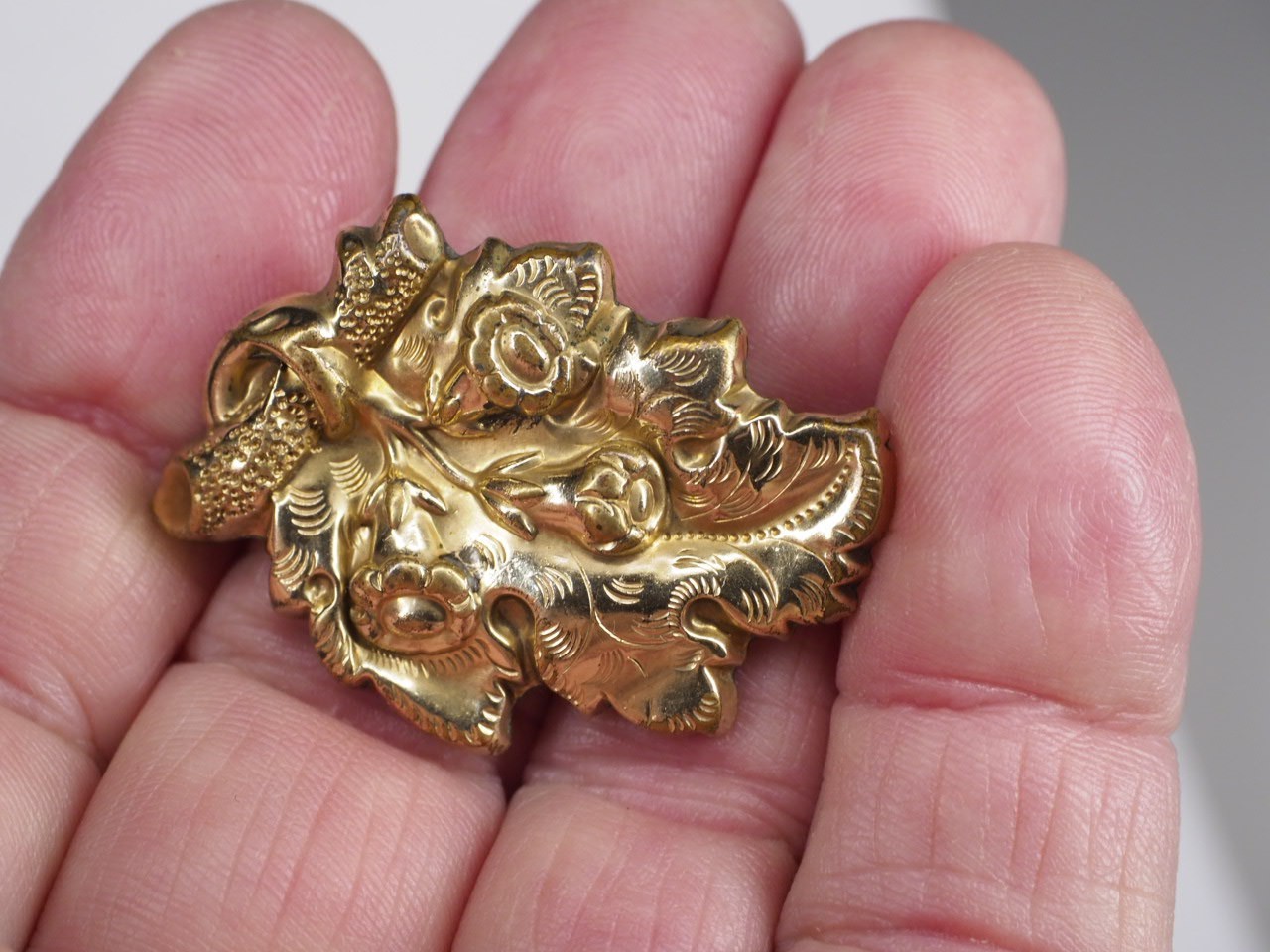 Antique brooch pin hollow rolled gold tube hinge C-clasp jewelry rose floral