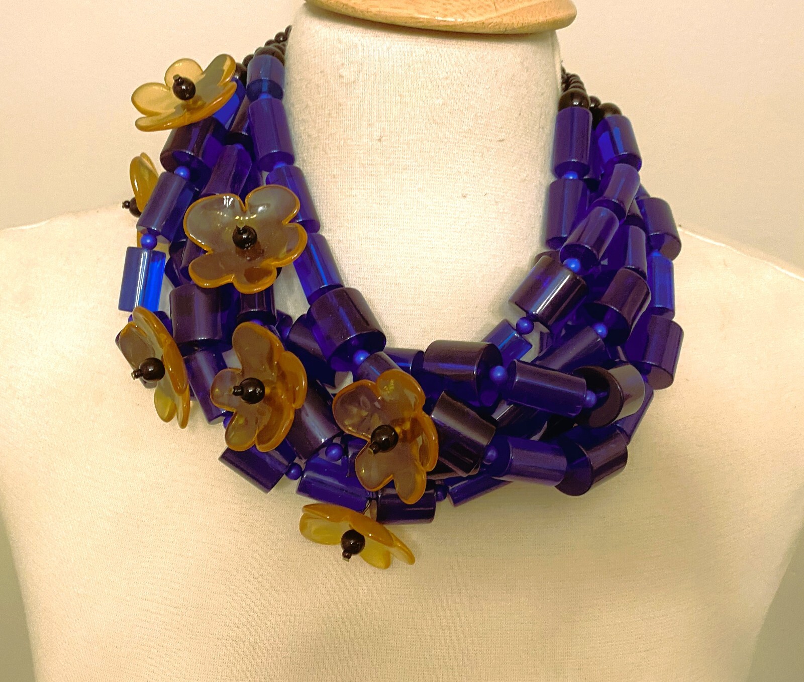 Fabulous Blue Tubular Lucite & Flowers Multi Strand Necklace