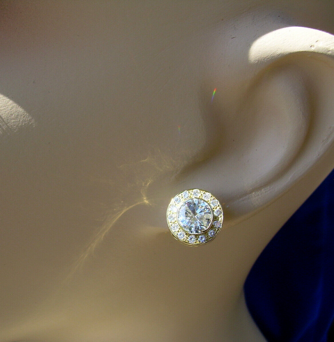 Original EARTH MINED DIAMOND Deco Bezel set Halo Studs Earrings SOLID 18K GOLD