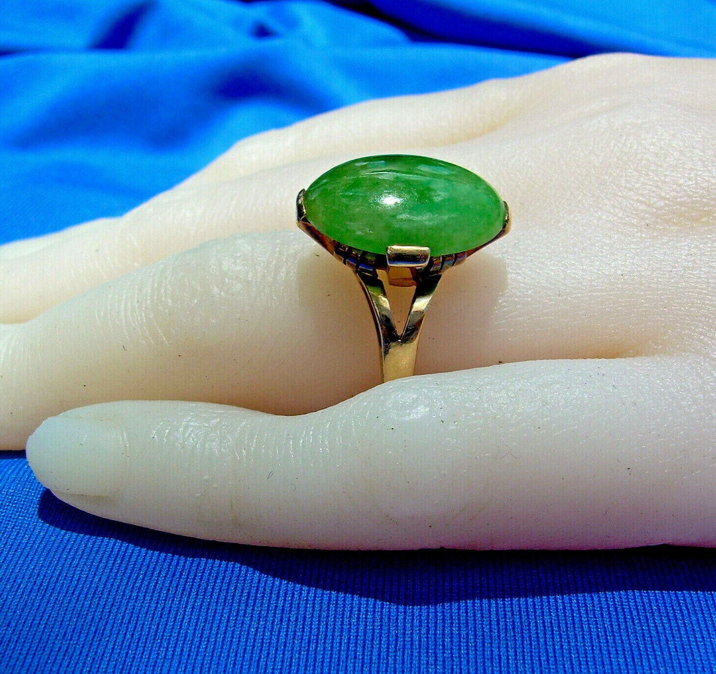 Original EARTH MINED Green Jadeite JADE Deco Engagement Ring 14K GOLD Solitaire