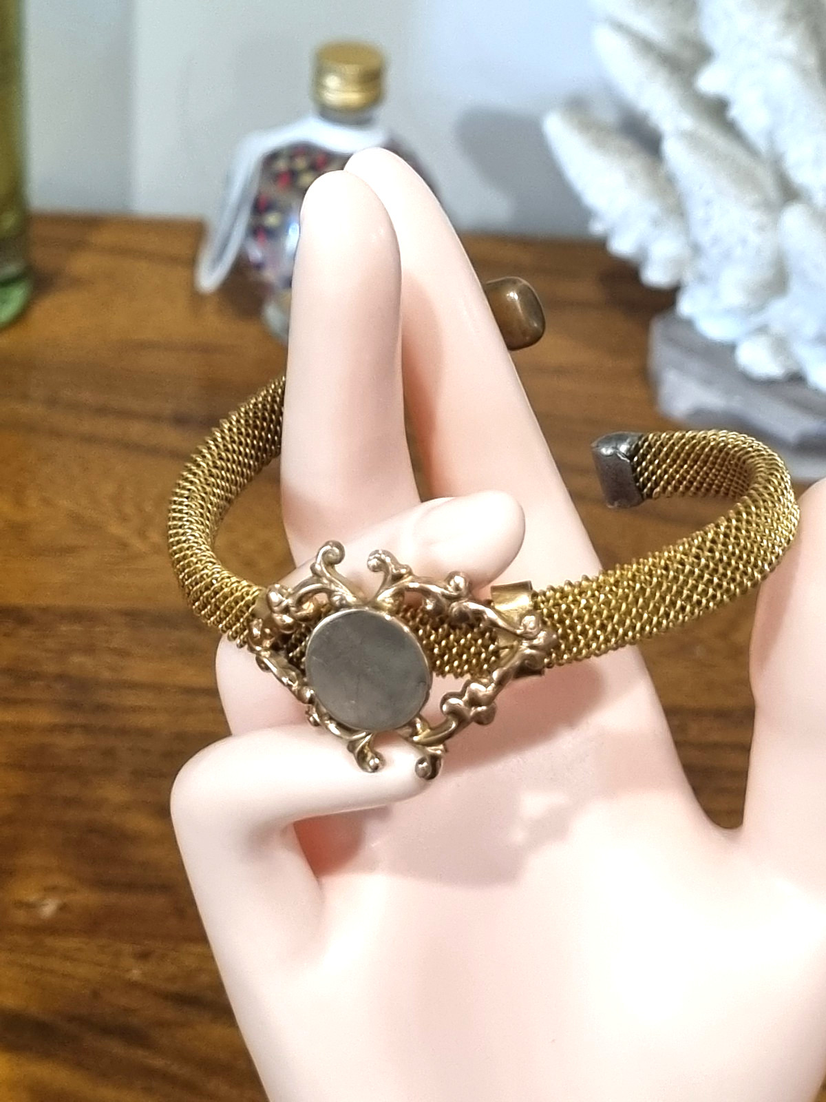Antique Victorian Gold Mesh Fill Bracelet Bangle Name plate See Video