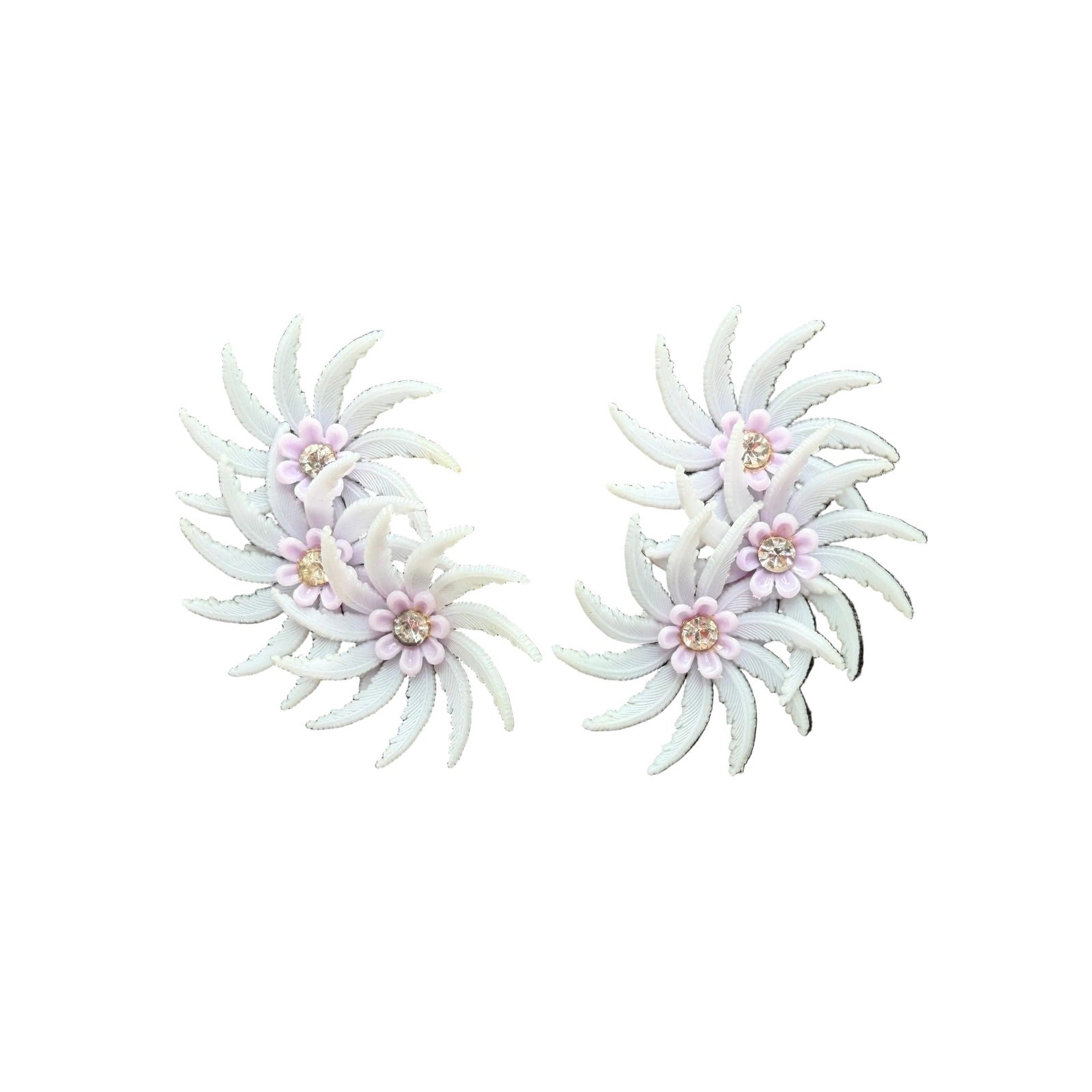 1950s Lavender Plastic Triple Floral Ear Climber Clip Earrings with Rhinestones