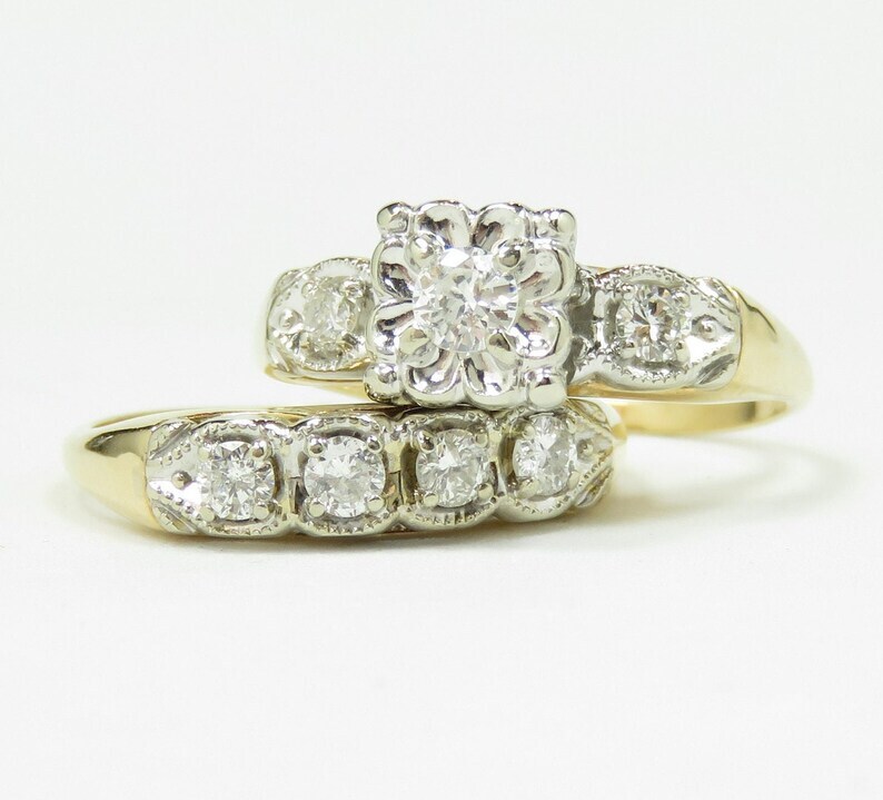 Vintage Engagement Ring and Wedding Band in 1.44 Ct Round Moissanite 925 Silver