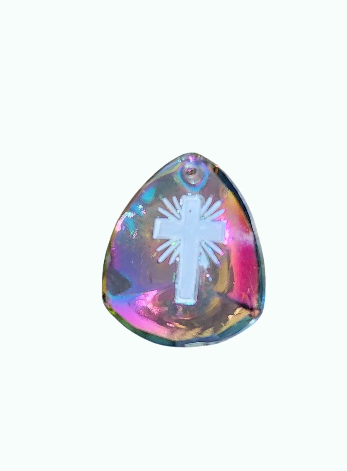 Vintage Teardrop Shaped Glass Iridescent Intaglio Cross Pendant
