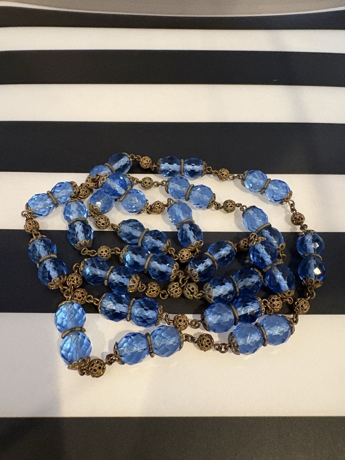 Antique Art Deco Blue Czech Glass & Brass Filigree 34 Inch Necklace 20s-30s