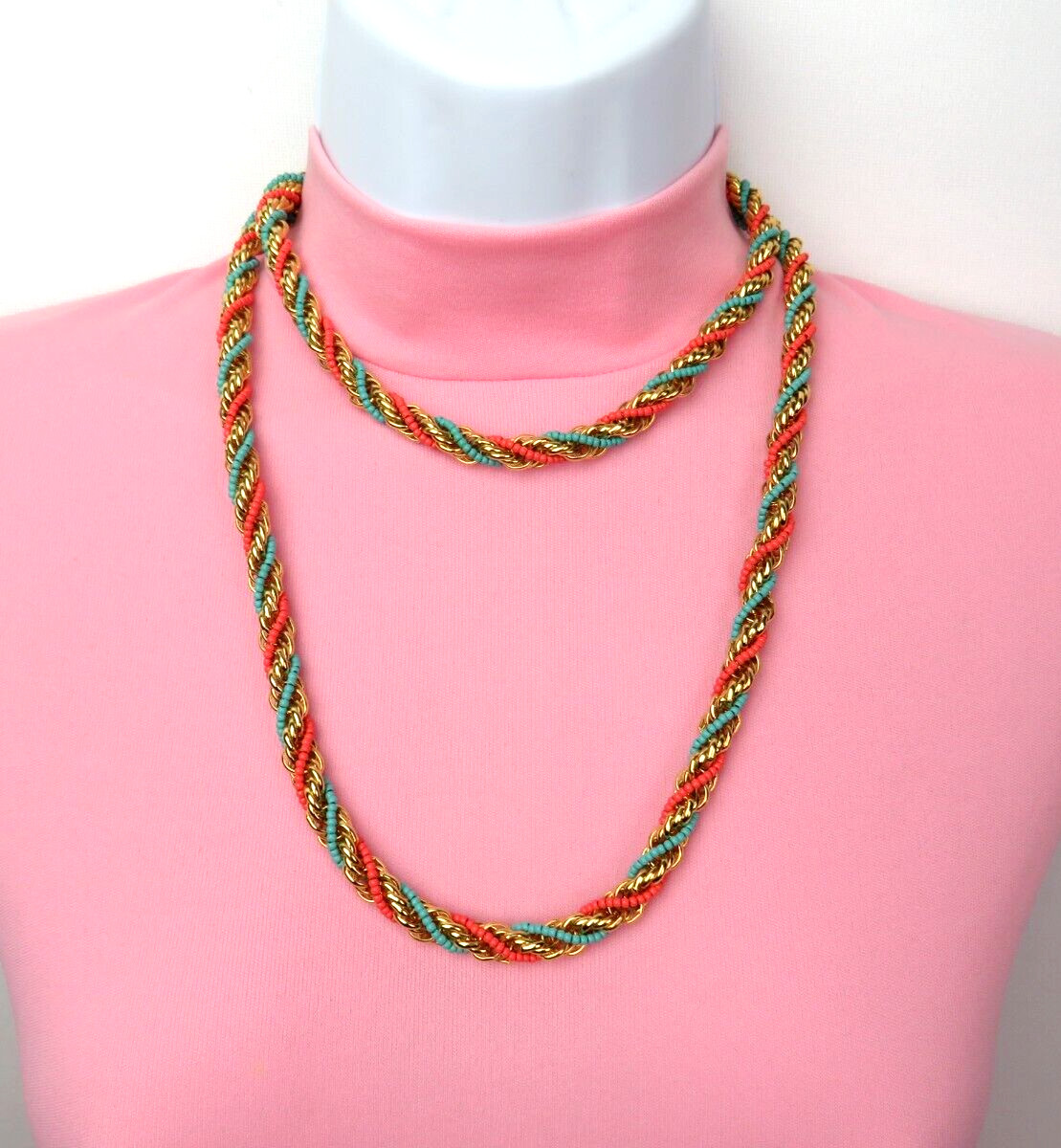 VTG 1950s 60s DOUBLE STRAND EGYPTIAN REVIVAL RUNWAY NECKLACE & EARRINGS GOLDEN