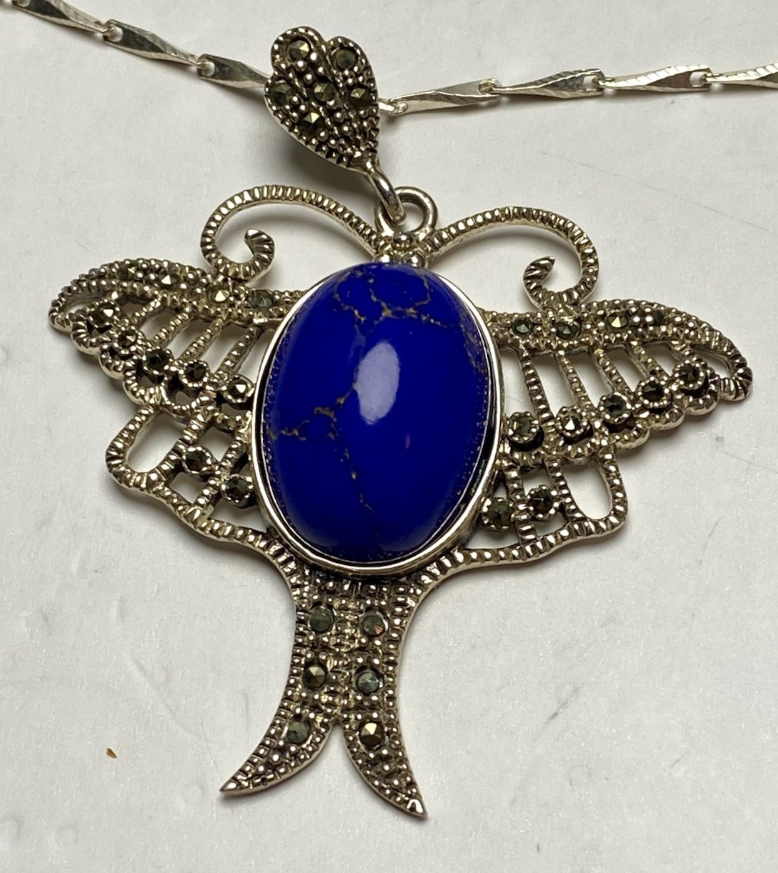 Vintage Sterling Silver 925 Butterfly Lapis Marcasite Pendant Necklace 20 in