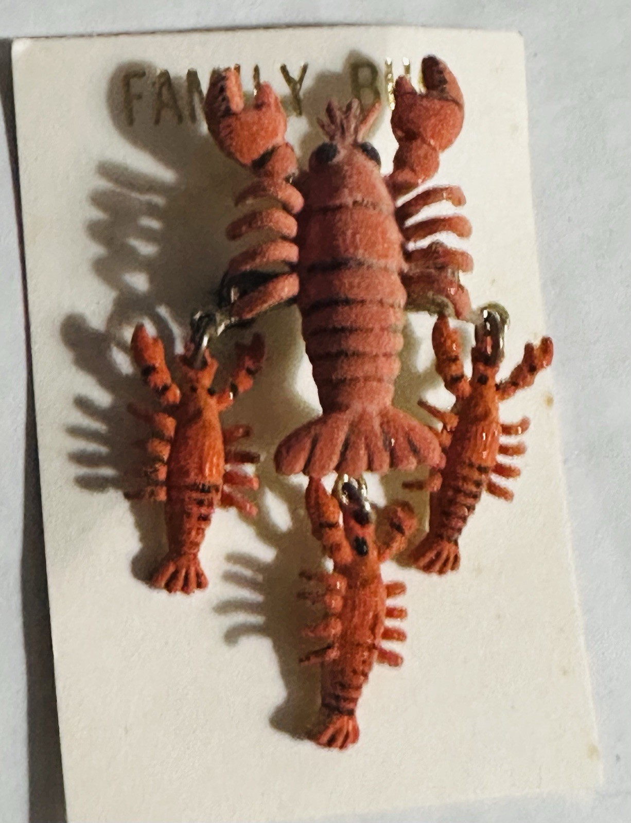 Vintage Mica Flocked LOBSTER Family Babies Scatter Pin NOC Dangle Charms Brooch