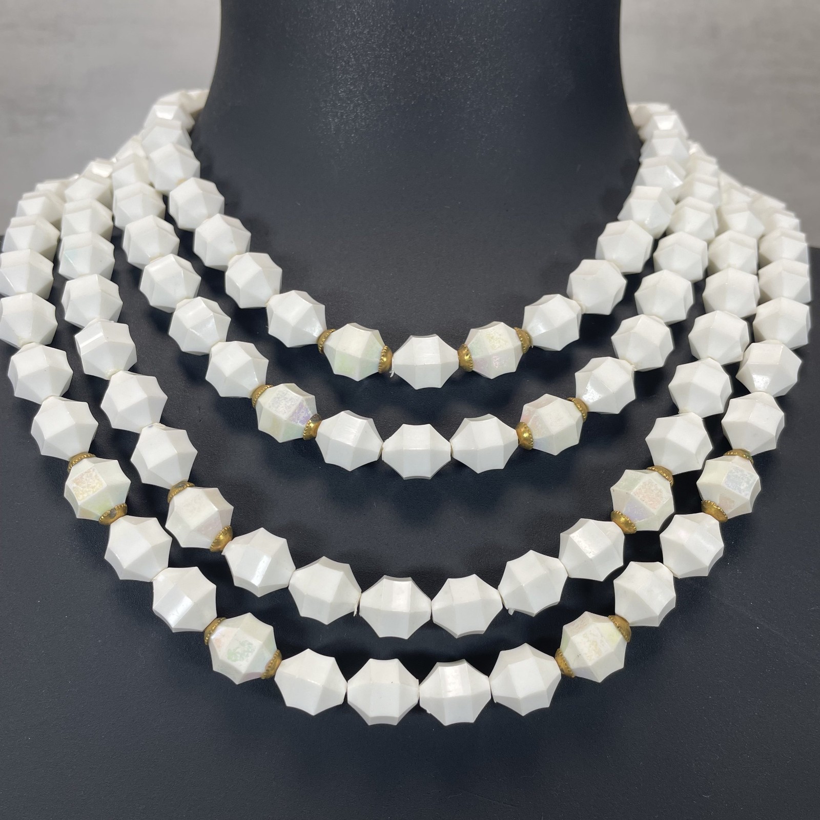 West Germany Lucite White Aurora Borealis Beads Necklace & Clip on Earrings