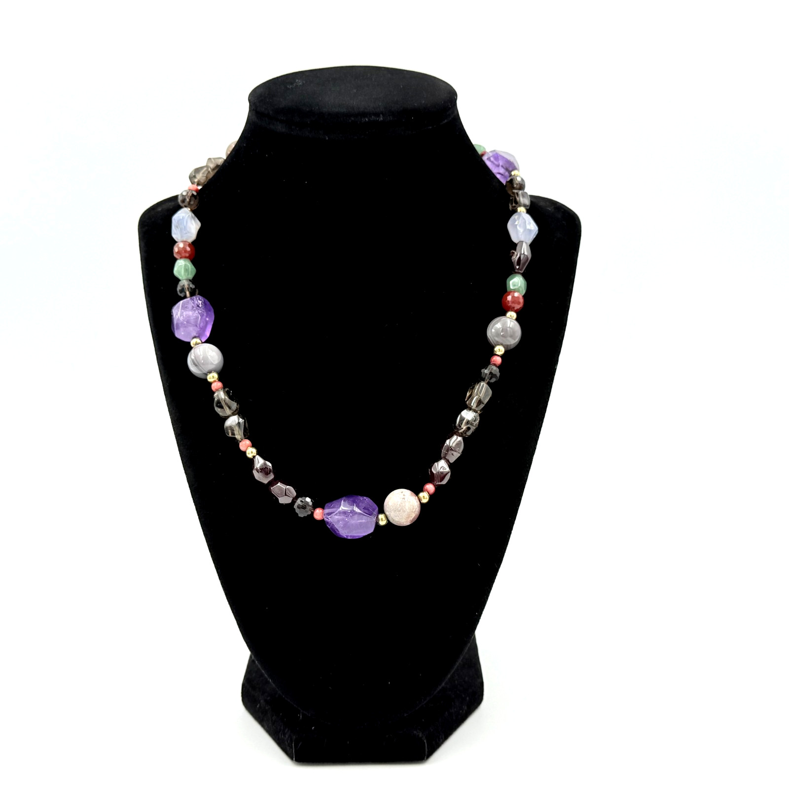 Spectacular 14K Gold Amethyst Garnet Quartz Chalcedony Beaded Necklace