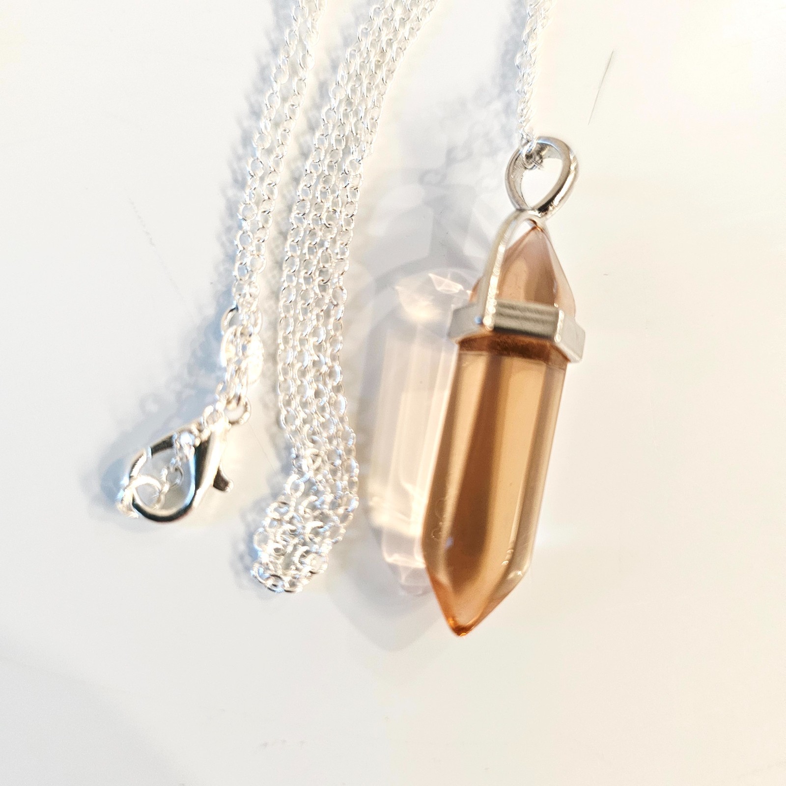 Golden Brown Healer Quartz Bullet Crystal Point Pendant Necklace Silver Chain