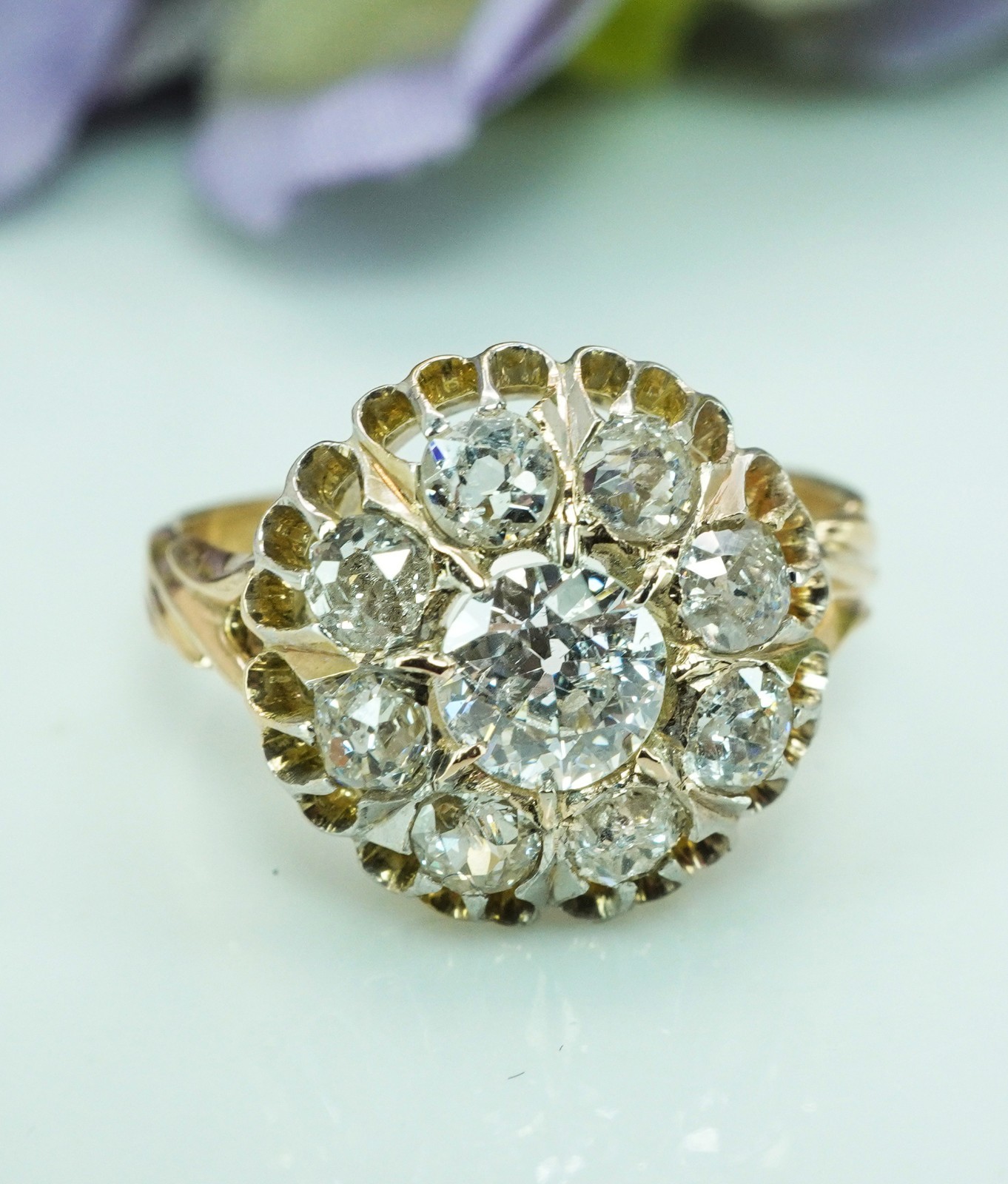 Antique Victorian Old European Mine cut Diamond Filigree Halo Ring 14K Gold
