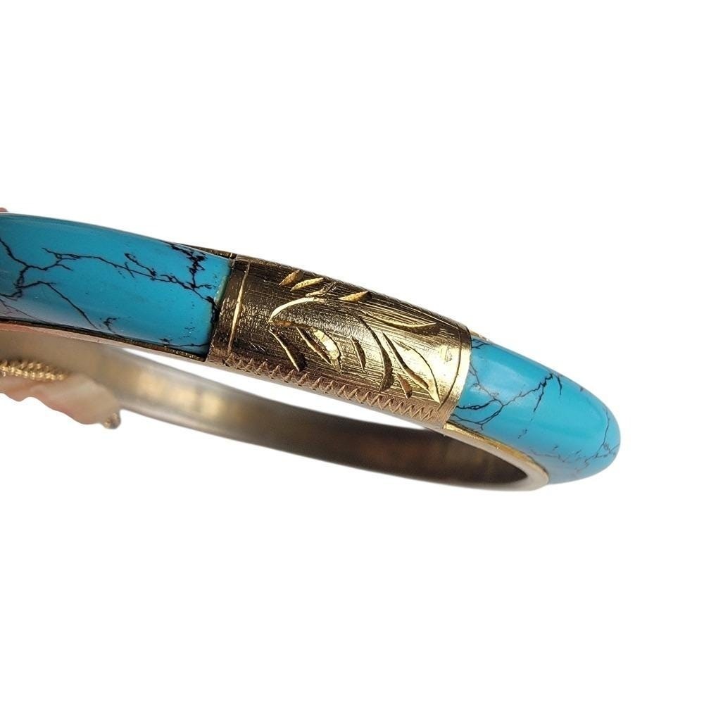 Vintage Faux Turquoise Hinged Bangle Bracelet Gold Tone Mid Century Size 6.5
