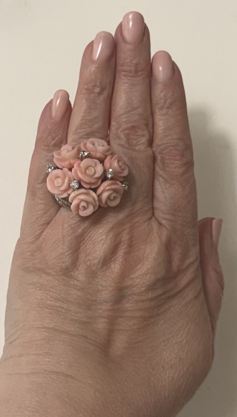 1990s Sterling Silver Angel Skin Coral Roses White Topaz Necklace Ring Sz 9 Set