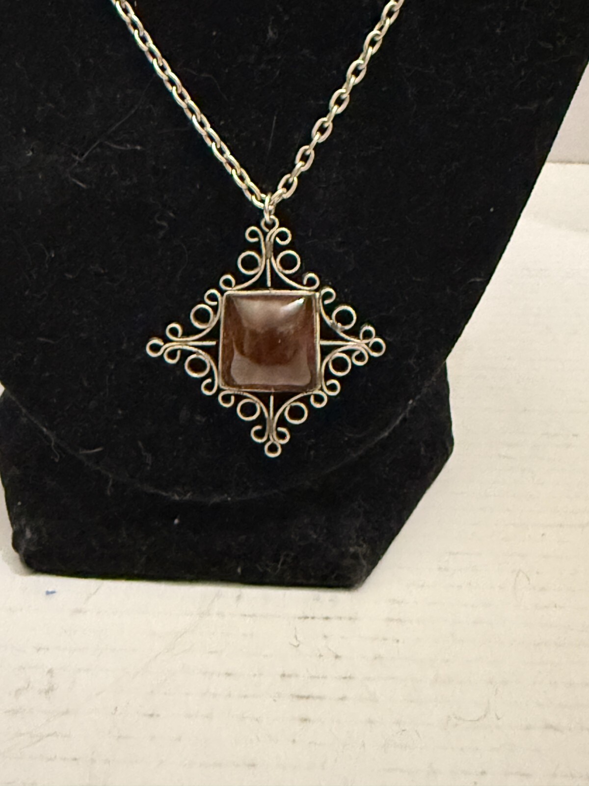 Vintage Baltic Amber Filigree Pendant Silver Tone Necklace