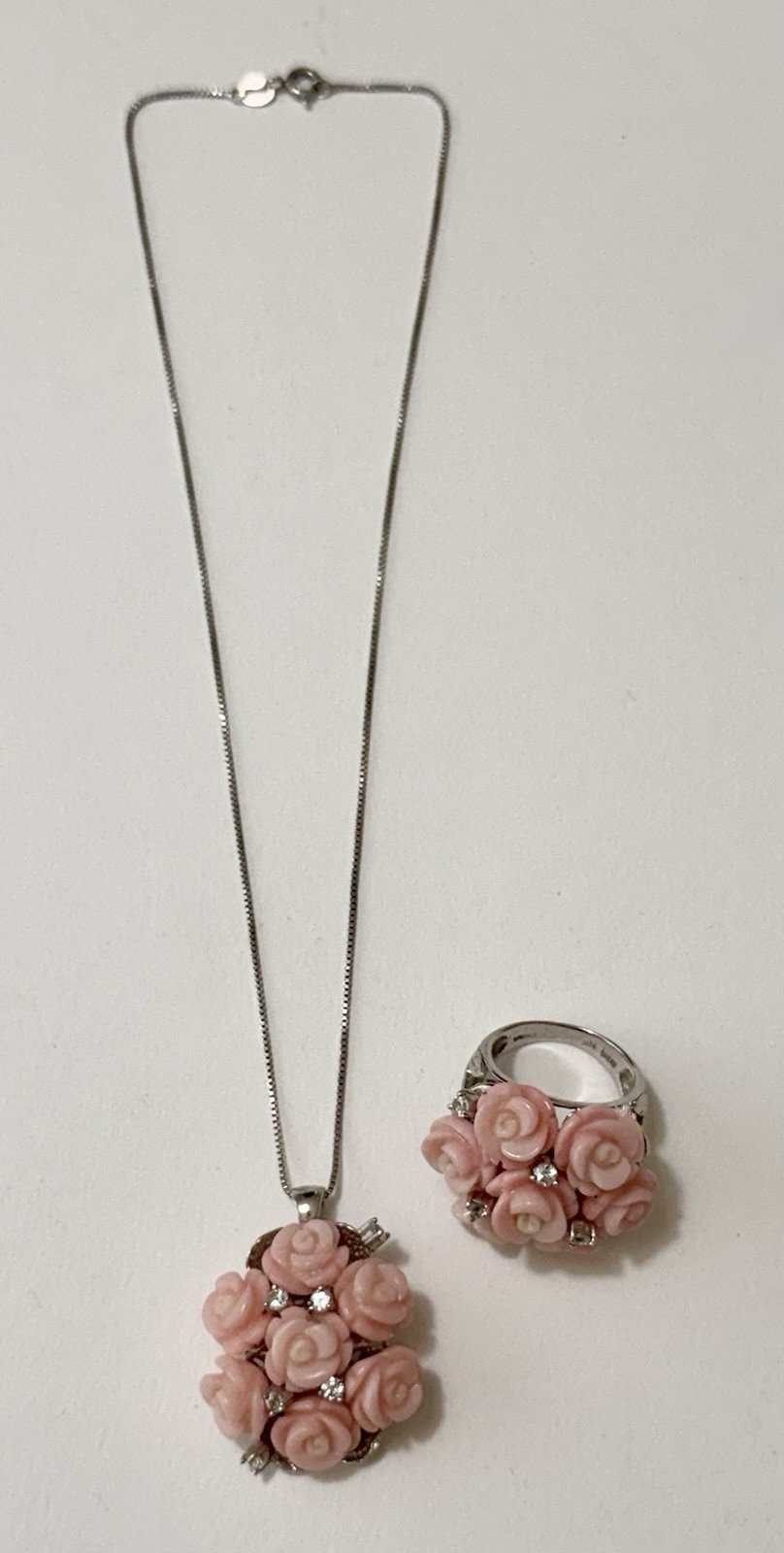 1990s Sterling Silver Angel Skin Coral Roses White Topaz Necklace Ring Sz 9 Set