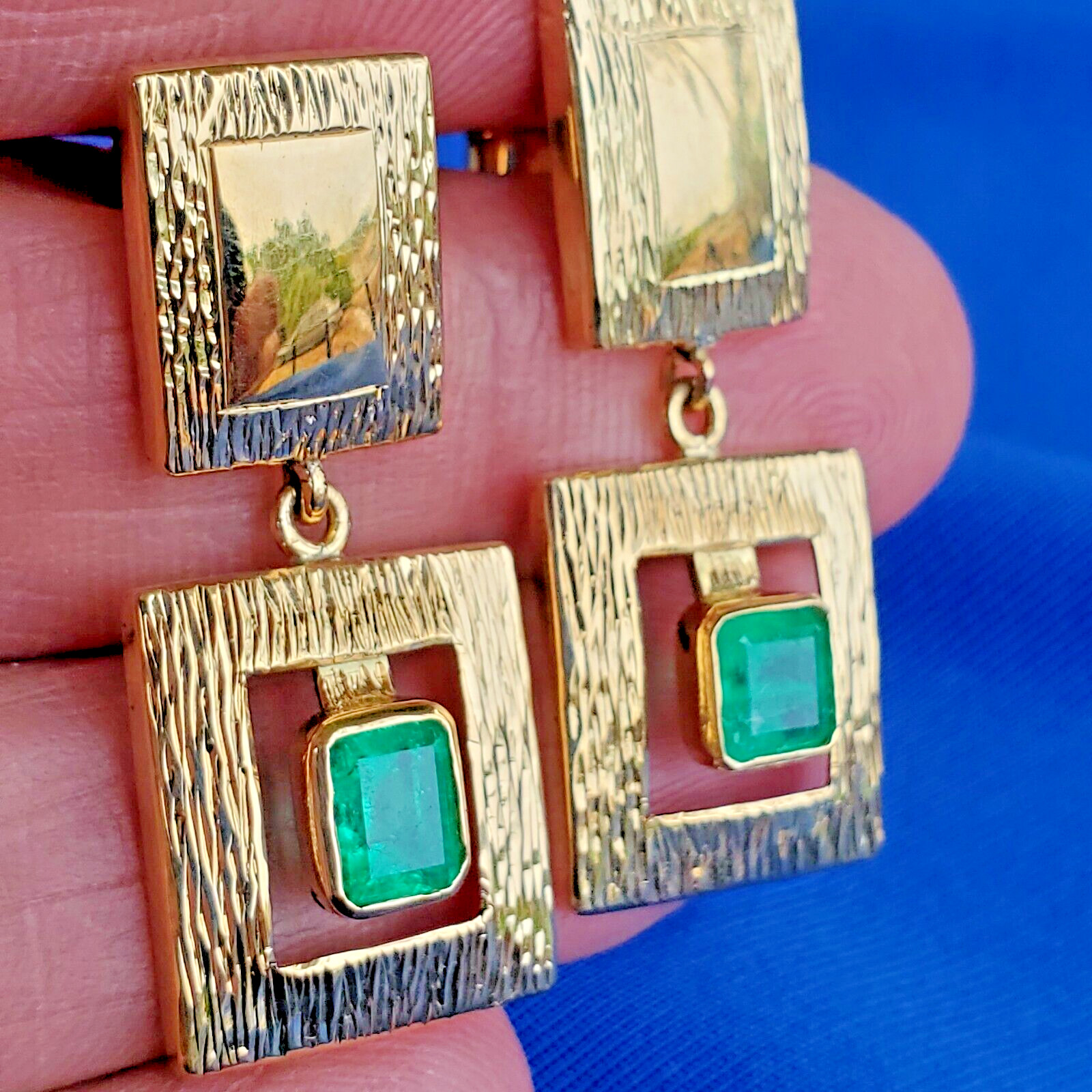 Original EARTH MINED EMERALD Deco Design Earrings Vintage Style Dangles 14K GOLD