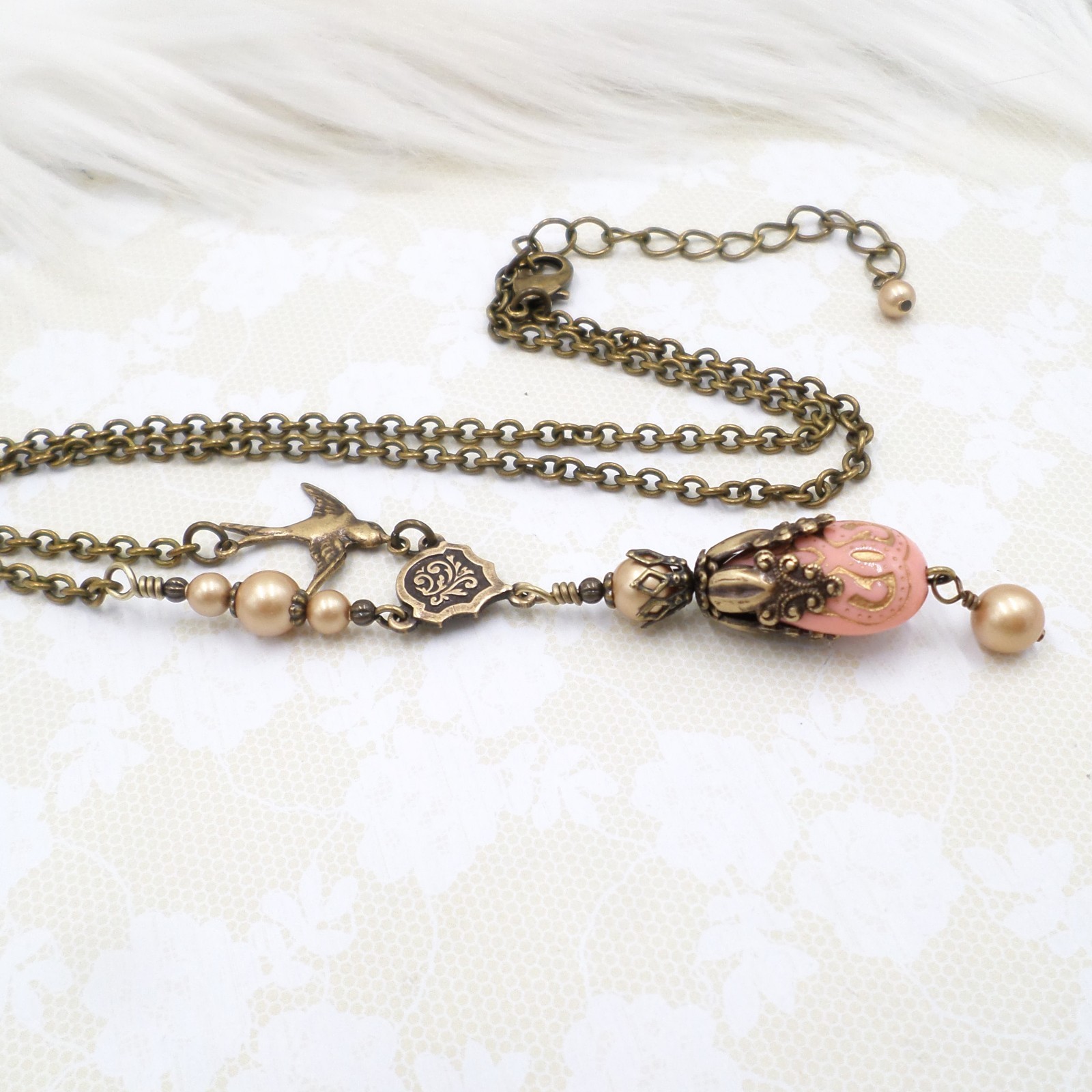 Victorian Style Brass Bird Necklace Pink Acrylic Bead Gold Pearl Handmade Unique