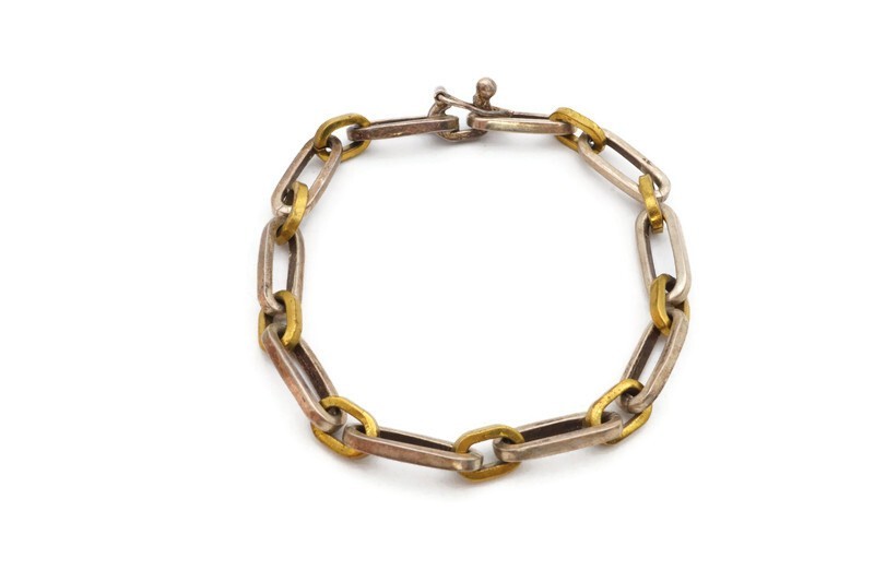 Vintage Taxco Mexico Sterling Silver 925 & Brass Oval Link Bracelet 7.75″