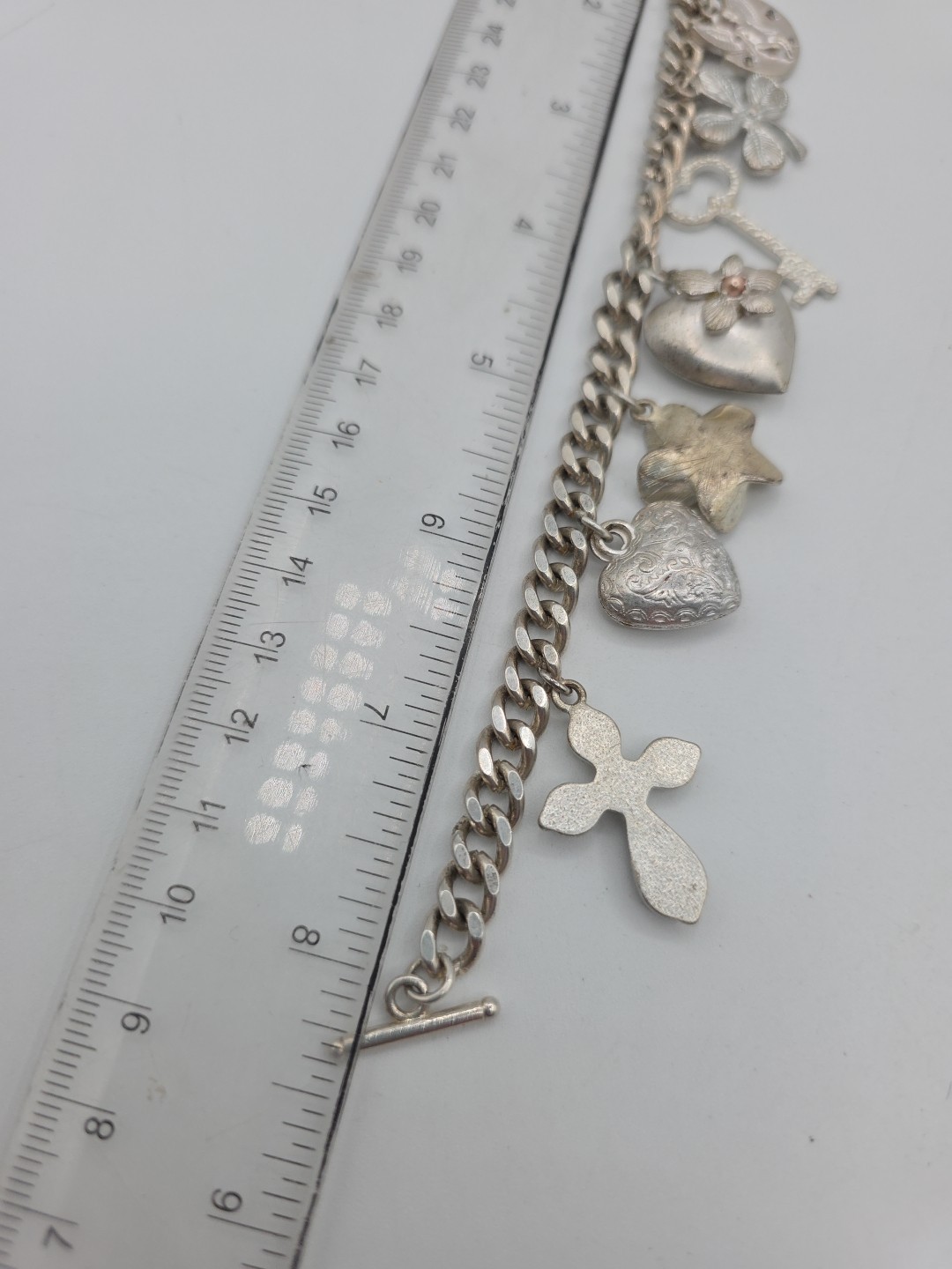 Vintage Silver Tone Chunky Charm Bracelet Heart Key Clover 8″ Cross Love Luck