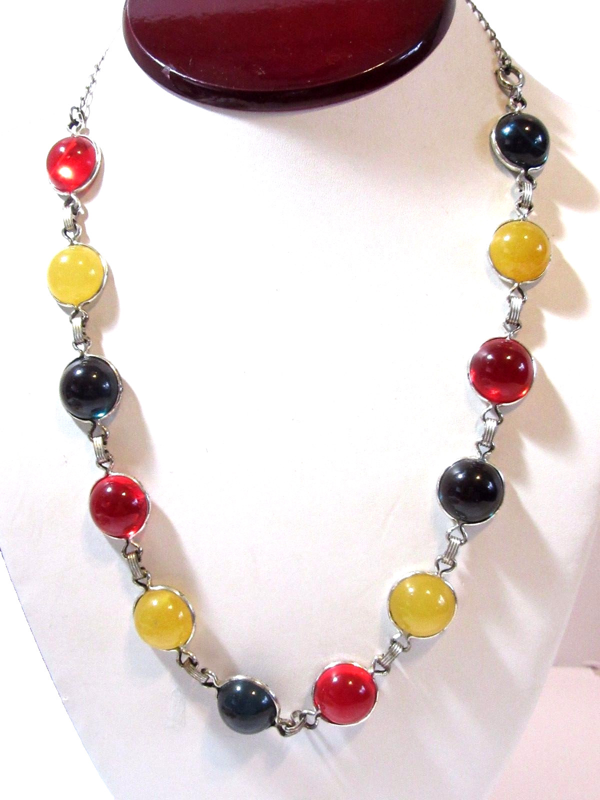 PLASTIC COLORFUL BEZEL SET CABOCHON JEWEL TONES YELLOW BLUE RED CHAIN NECKLACE