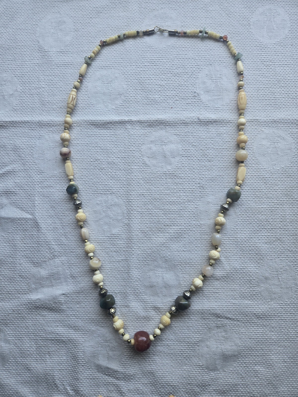 Vintage Stone And Carved Bovine Bone Beaded Necklace 32″