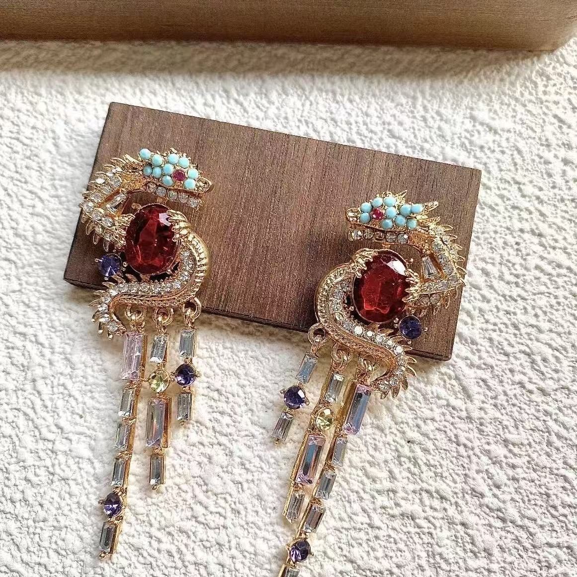 Chinese Dragon Tassel Earrings Colorful Rhinestone Luxury Court Style Jewelry