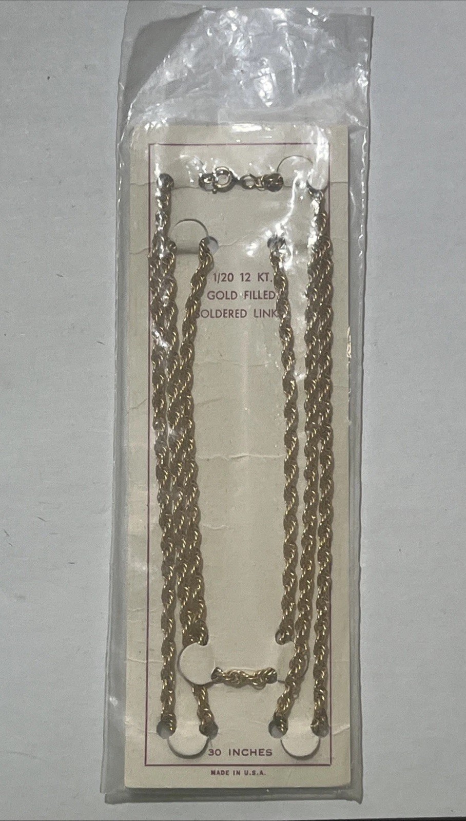 12K Gold Filled GF 30 Inch 1/20 Soldered Links Chain, New in Original Packaging