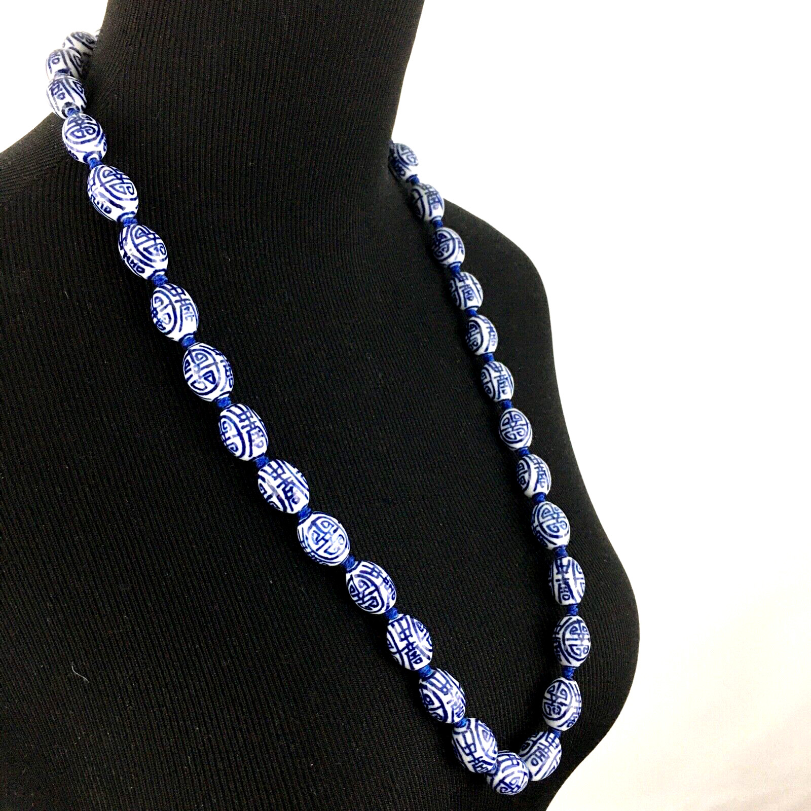 CHINESE porcelain necklace – blue & white barrel beads shou symbol 29″ knotted