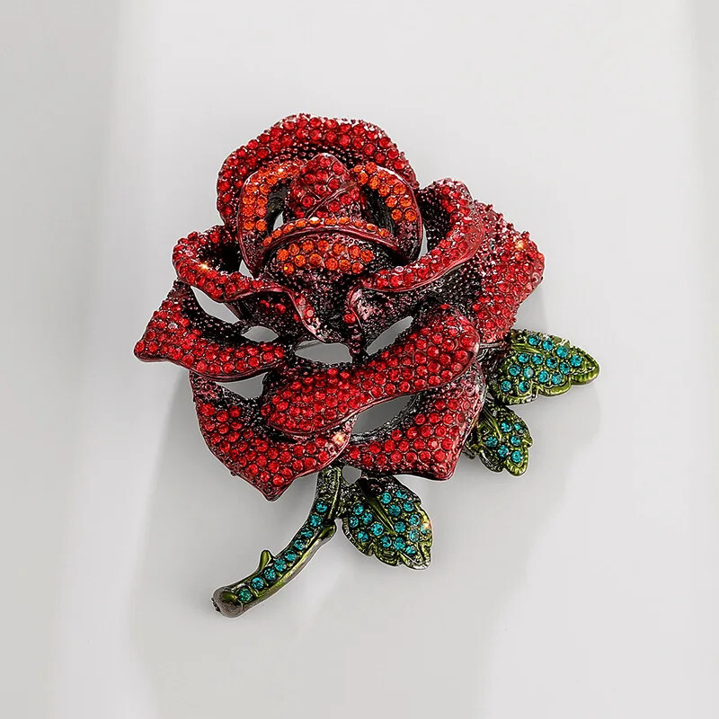 Large Vintage Rose Brooch Red and Blue Dual-color Rhinestone Pin for Women