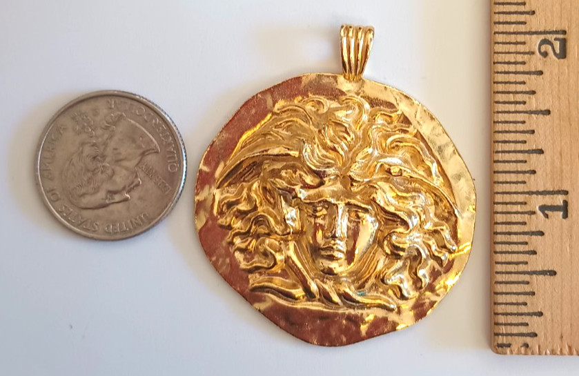 Vtg SPHINX Medusa Head Pendant British Museum Reproduction Replica Gold Tone 2″