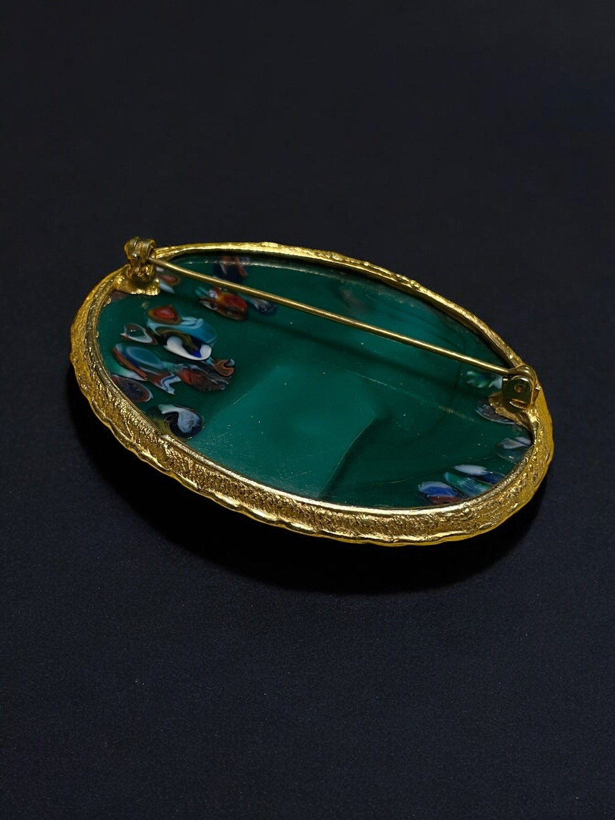 Vintage Art Glass Millefiori Look Large Statement Brooch Gold Tone Oval Frame