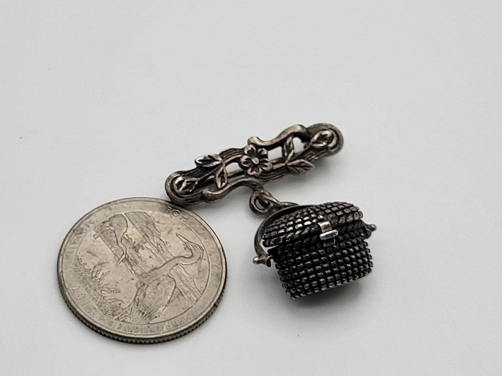 Brown County Basket Sterling Silver Dangle Basket Locket Charm Brooch Pin Signed