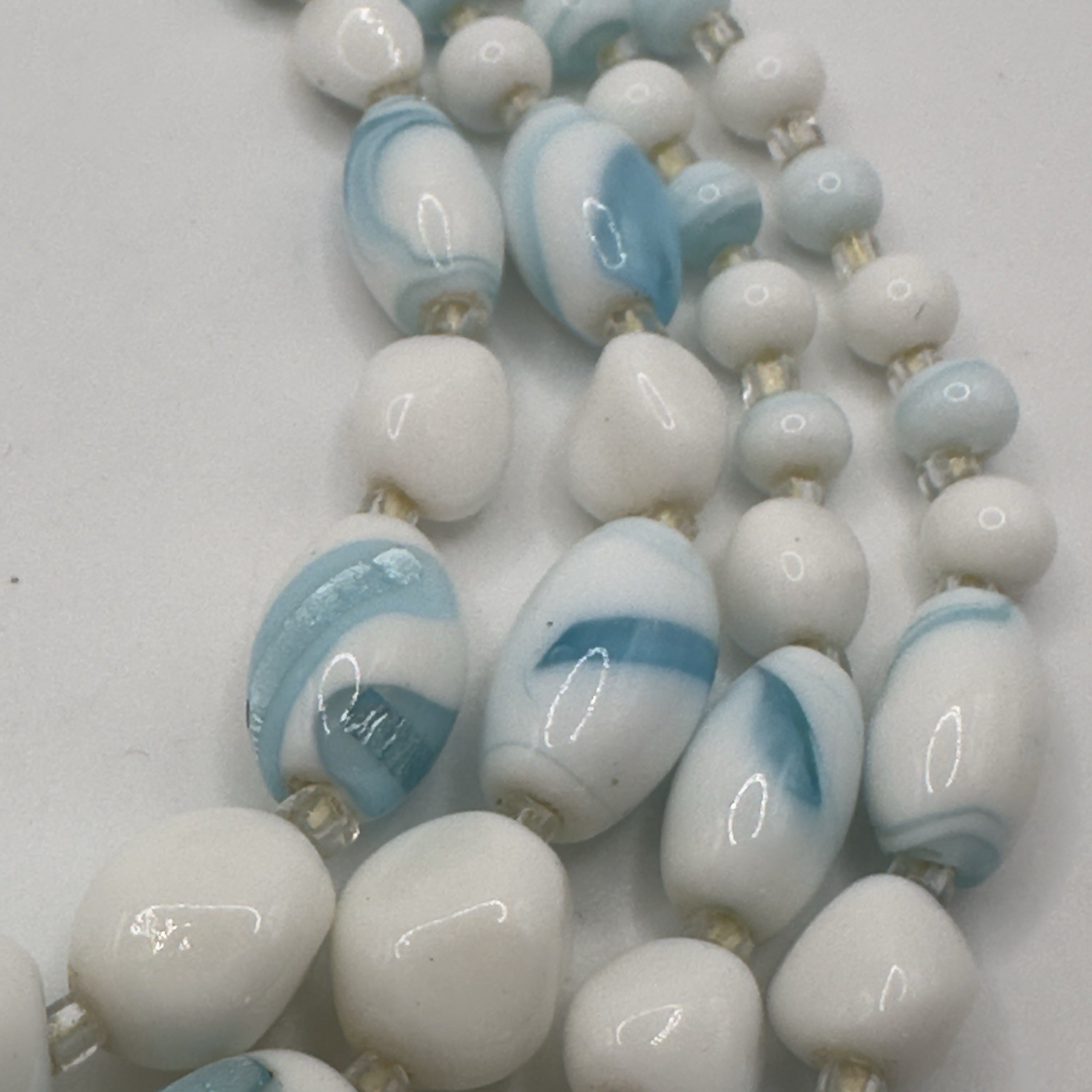 Vintage Multi 4 Strand Necklace Blue White Art Glass Beaded 17″ Choker Bib Japan