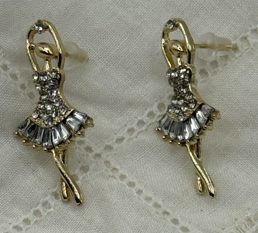 Gold Tone Ballerina Earrings With Clear Rhinestones On Her Dress & In Hands