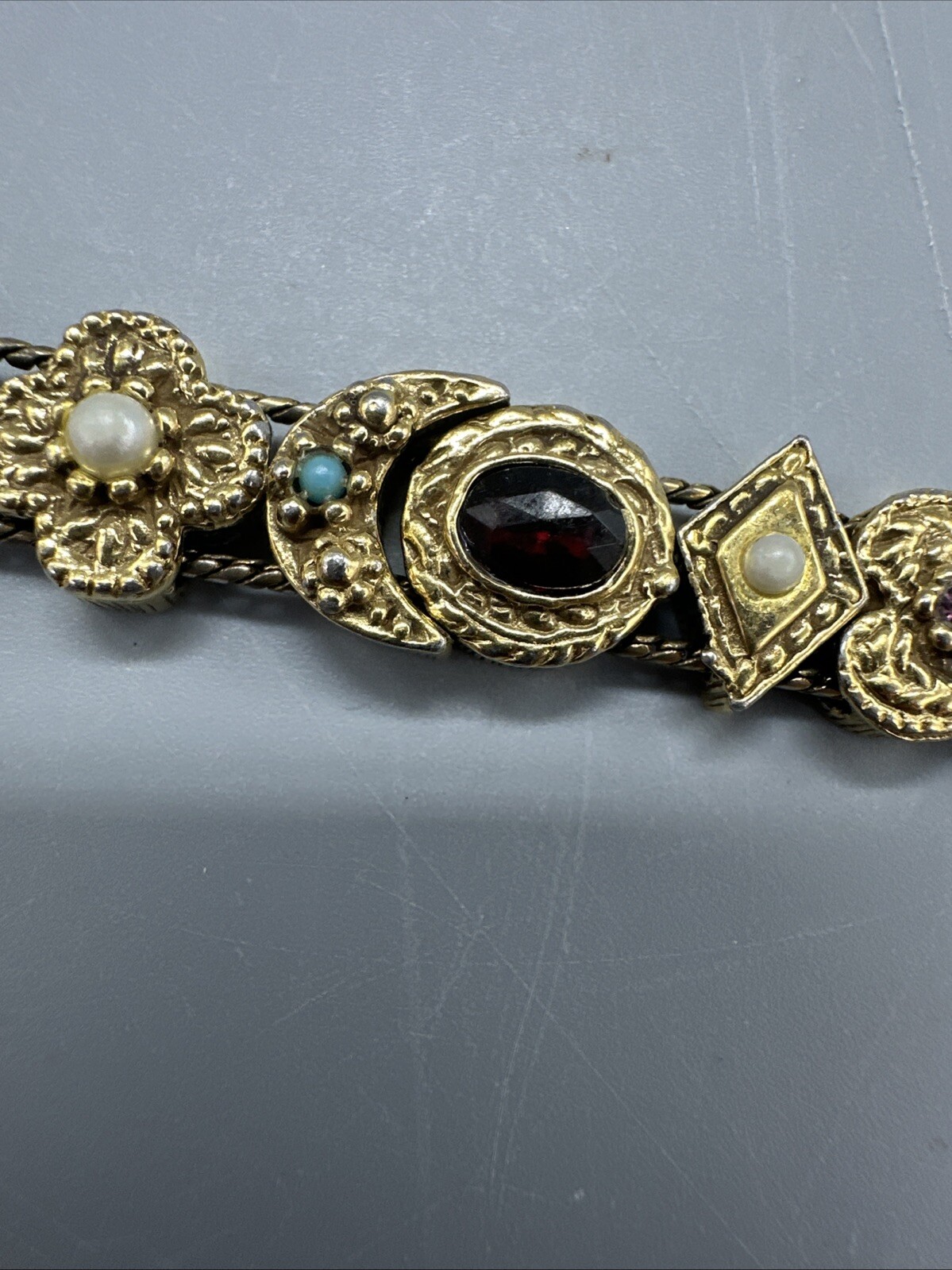 Vintage Signed Goldette NY Multiple Gemstones Safety Chain Slide Charm Bracelet