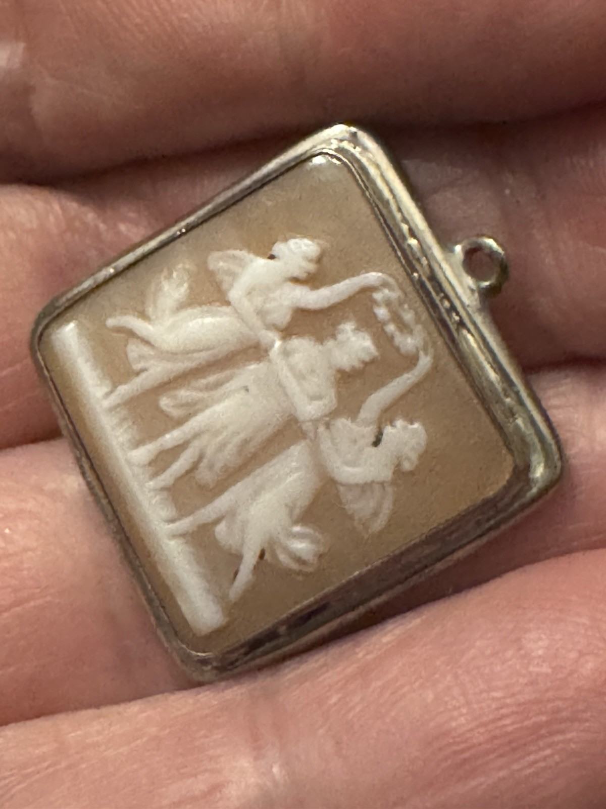 Vtg 800 Silver 3 Graces Cameo Unique Square Pendant Fine Jewelry Carved Stone