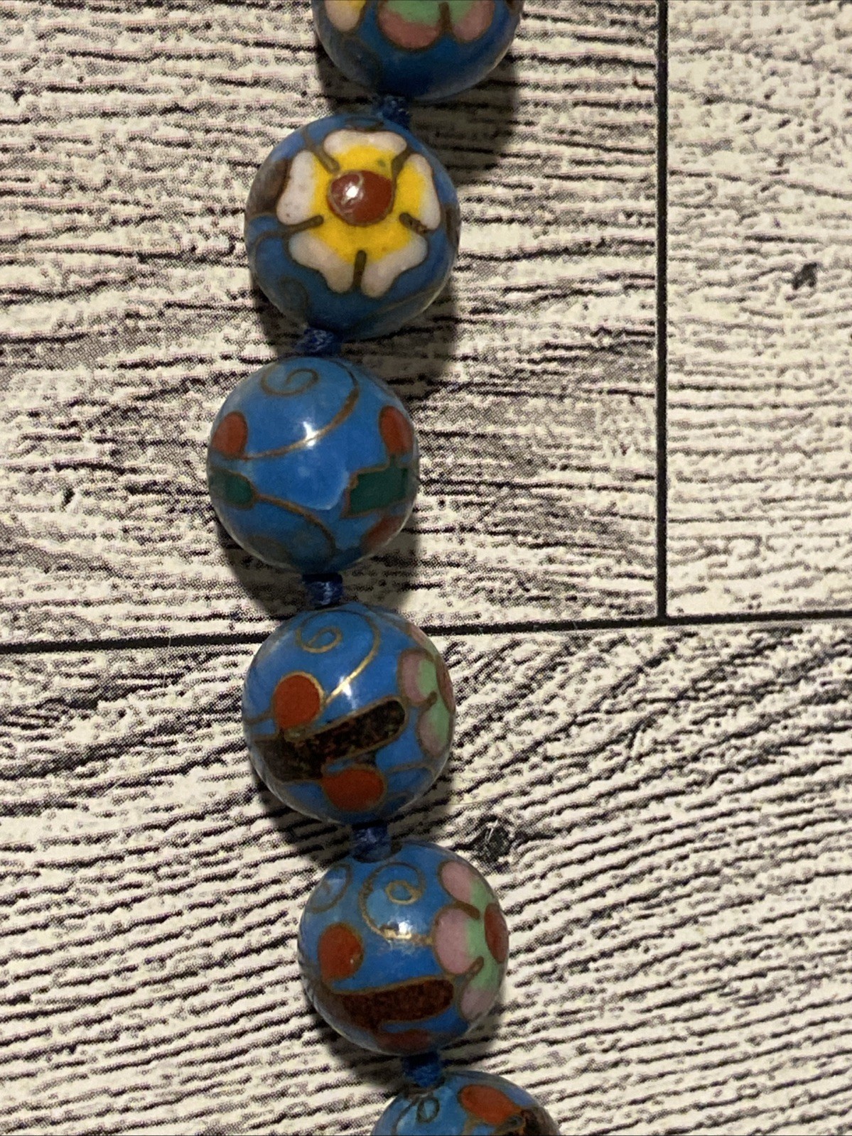 Vintage Cloisonne Bead Necklace Chinese Export Blue Pink Red Flower Beaded 25”