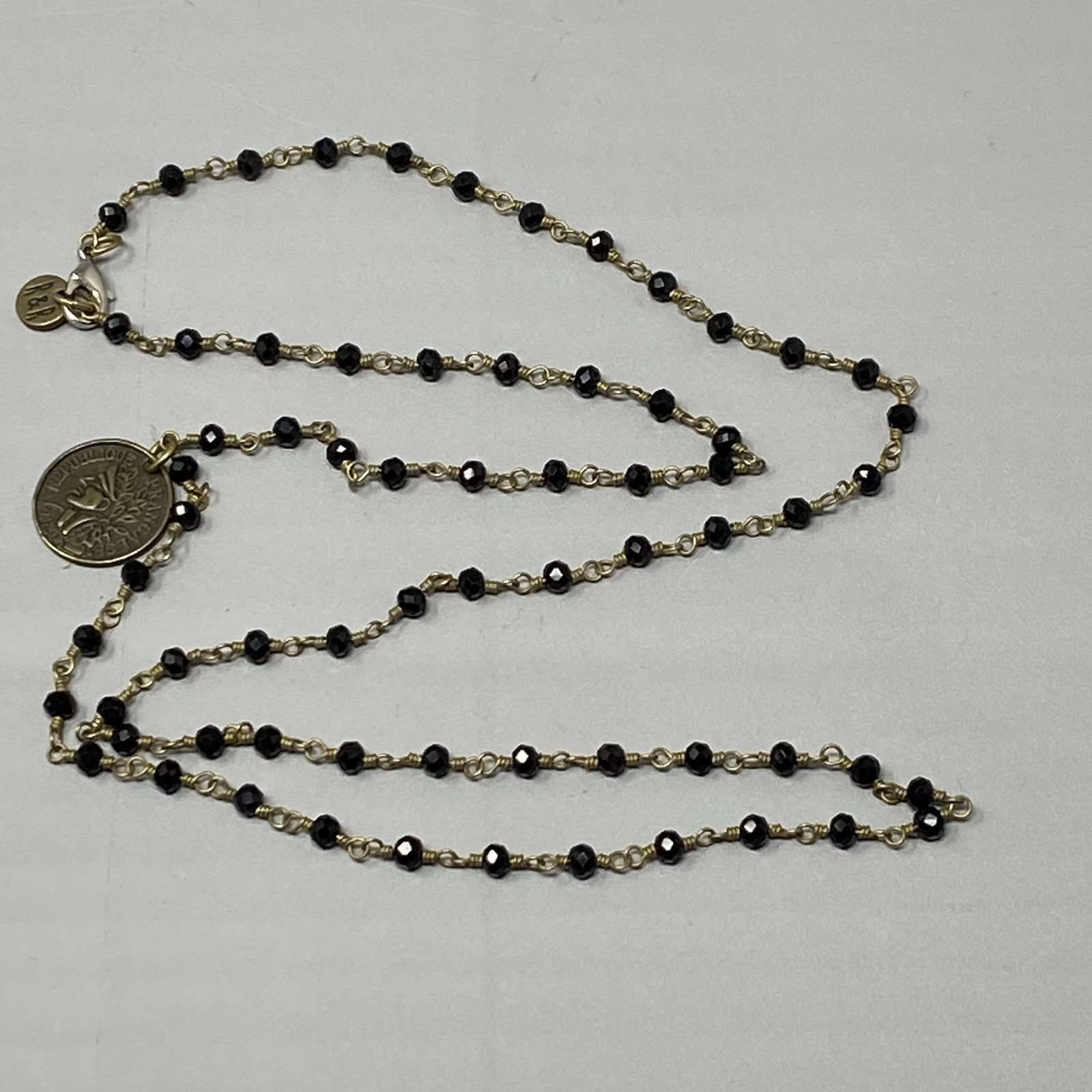 Designer Glass Bead Necklace R&R Coin Charm Chain Links Black Facet Retro 28″