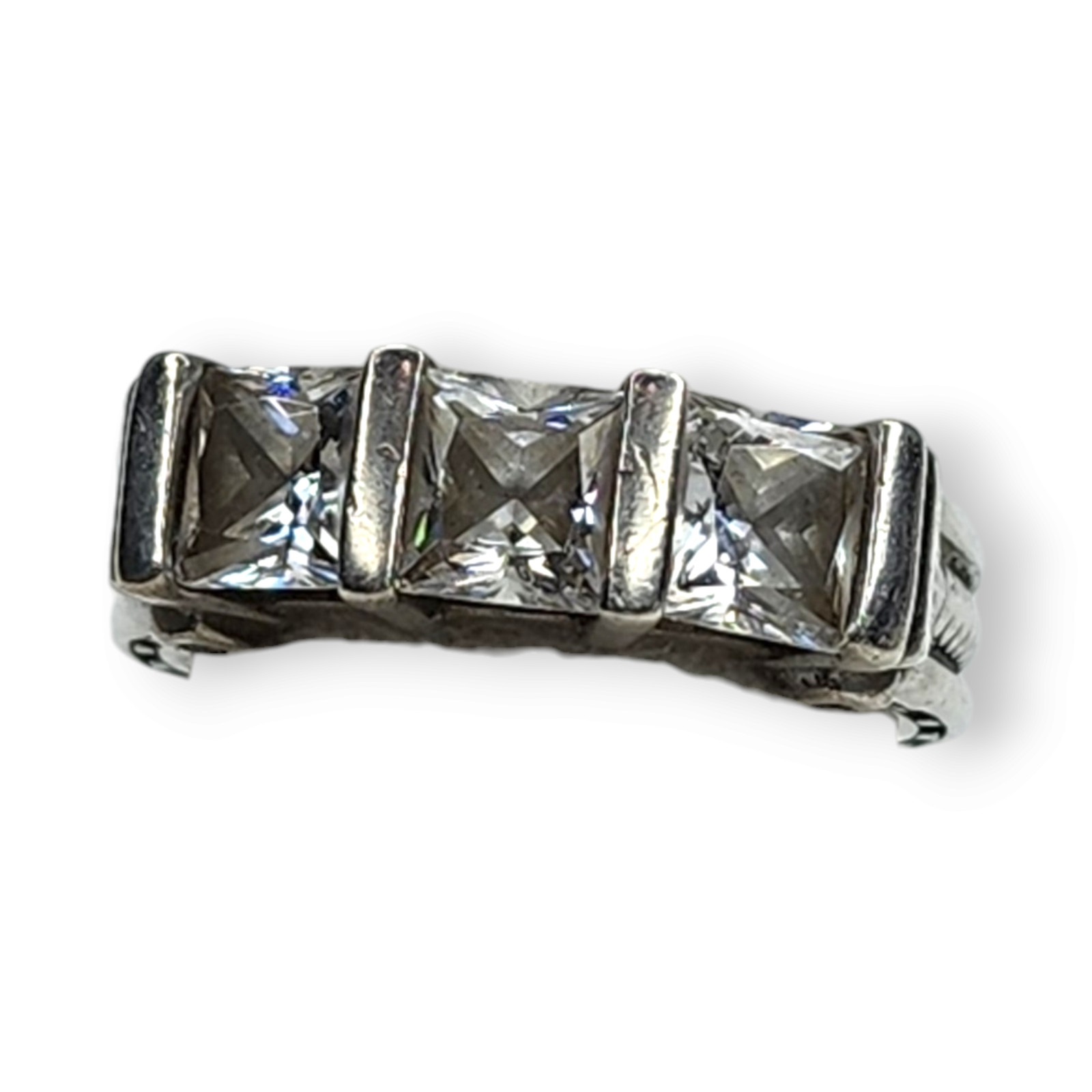 Vintage Sterling Silver 925 Clear Cubic Zirconia Three Stone Cocktail Ring SZ 6
